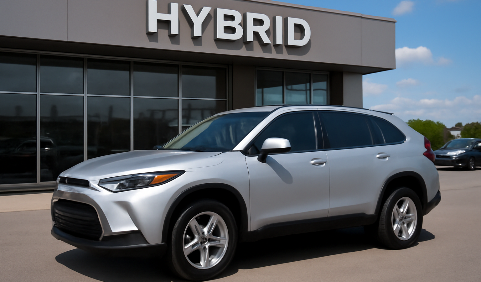 concessionnaire avec vehicule hybride dehors