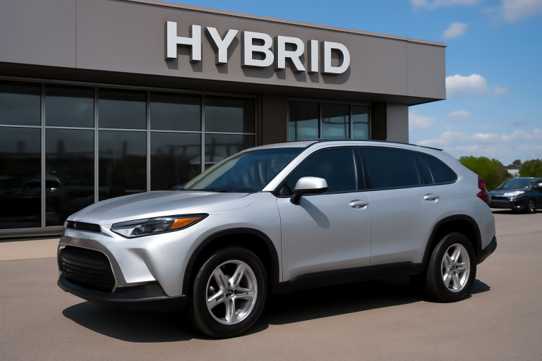 concessionnaire avec vehicule hybride dehors
