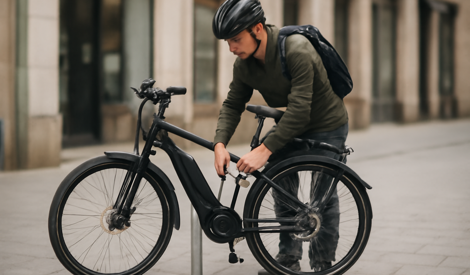 cycliste attachant vélo électrique à arceau public