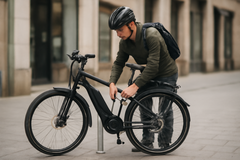 cycliste attachant vélo électrique à arceau public