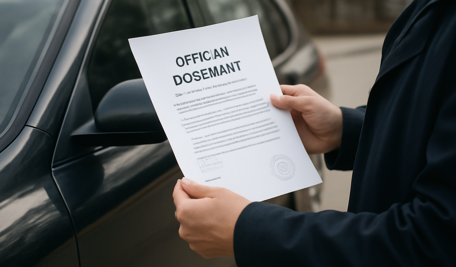 personne tenant document officiel près d'une voiture