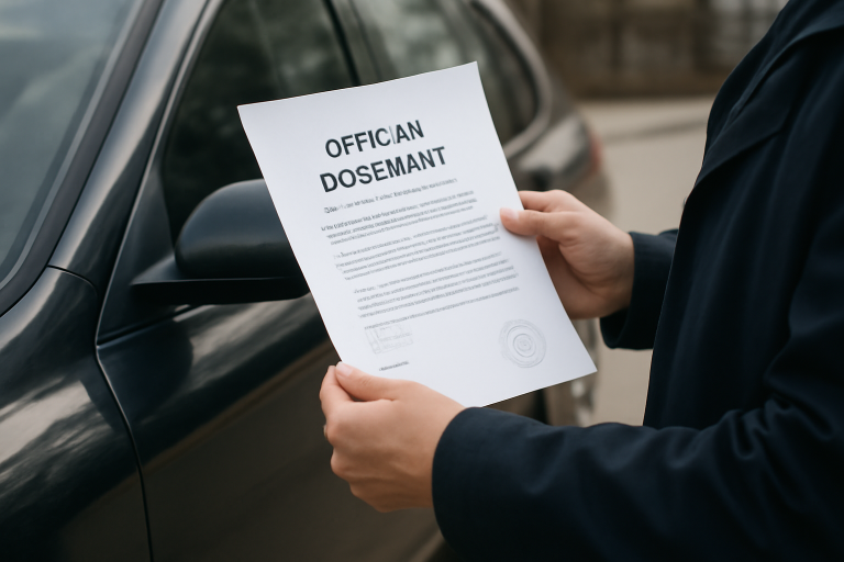 personne tenant document officiel près d'une voiture