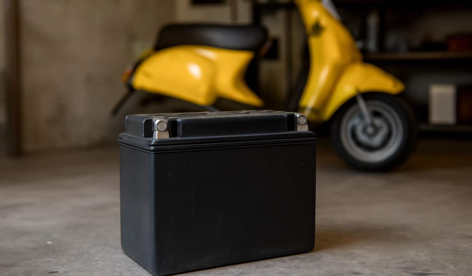 batterie de scooter posée dans garage