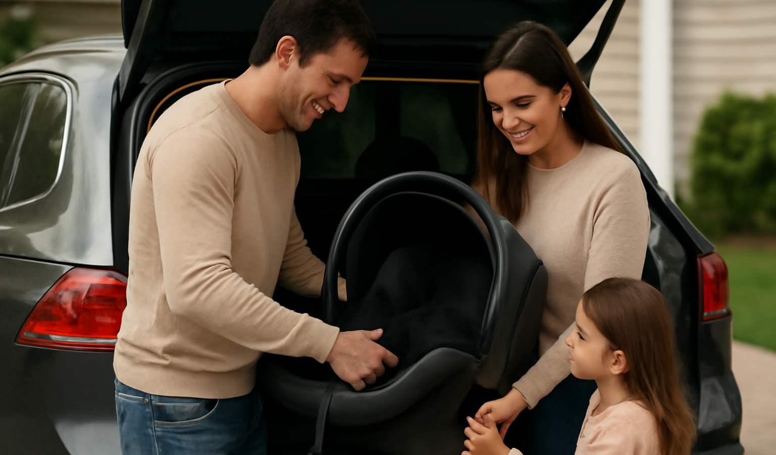famille chargeant siège bébé dans coffre