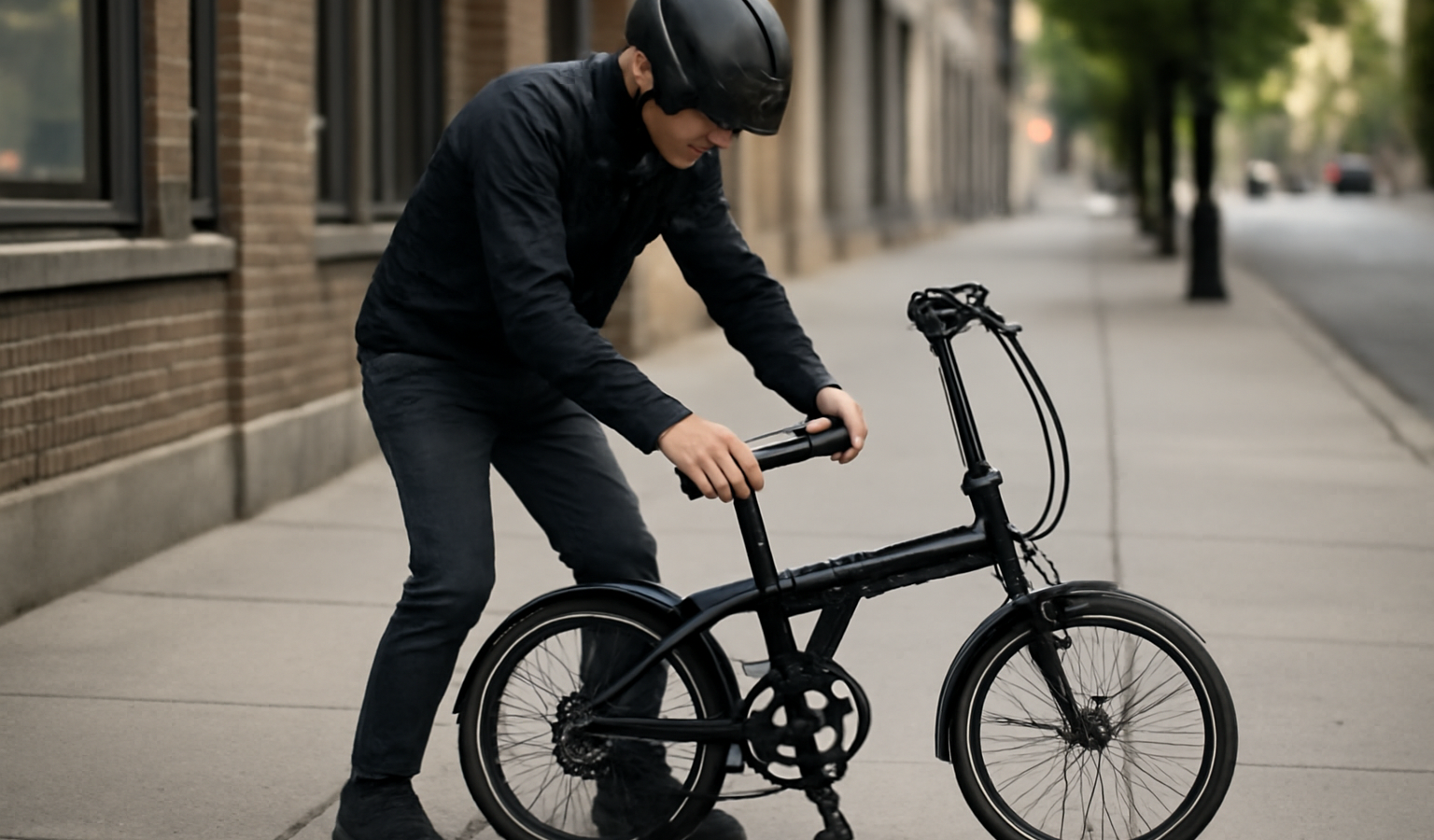 cycliste pliant vélo sur trottoir