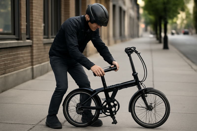 cycliste pliant vélo sur trottoir
