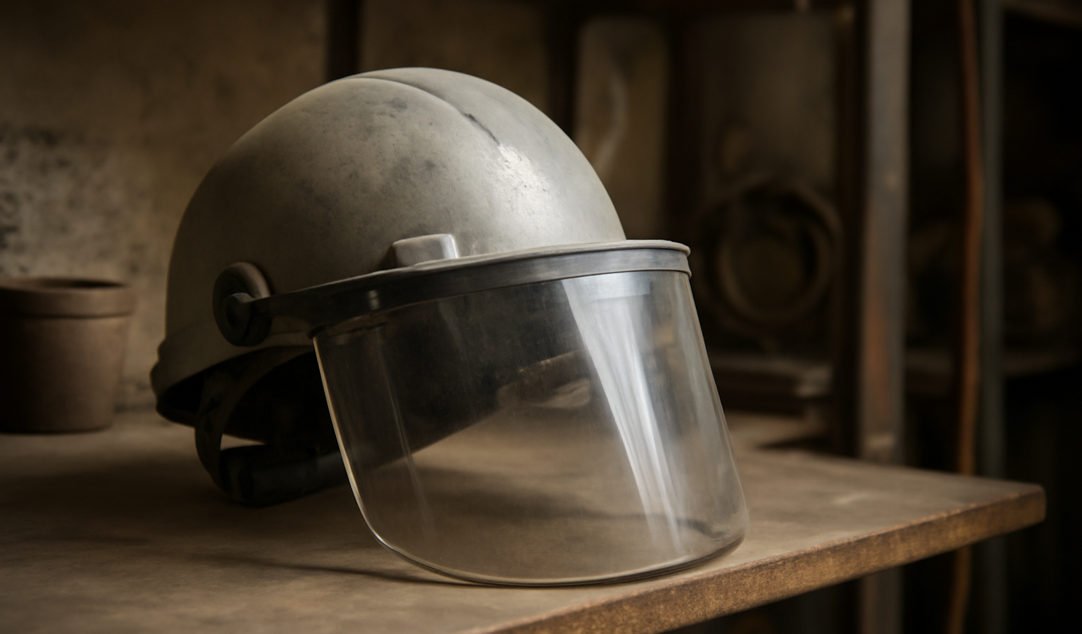 casque sur étagère dans atelier artisanal