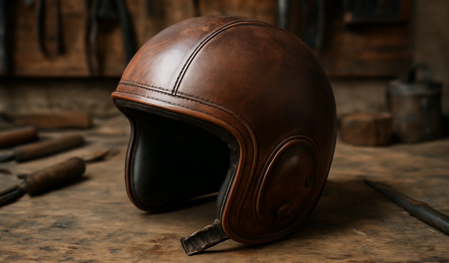 casque artisanal posé sur établi d'atelier