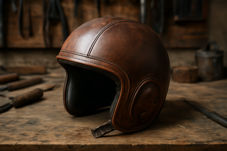 casque artisanal posé sur établi d'atelier