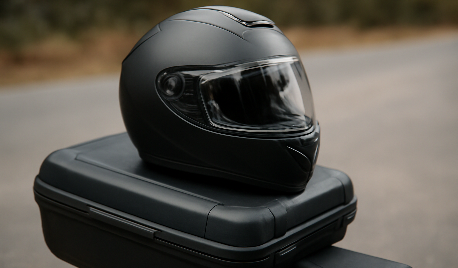 casque intégral posé sur top-case de moto
