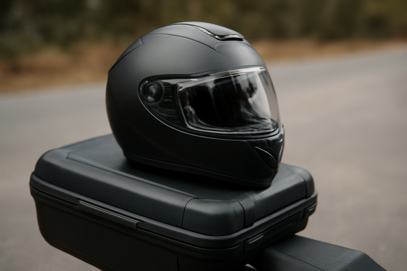 casque intégral posé sur top-case de moto
