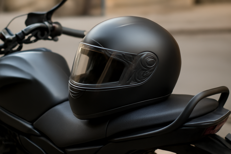casque moto posé sur siège de moto