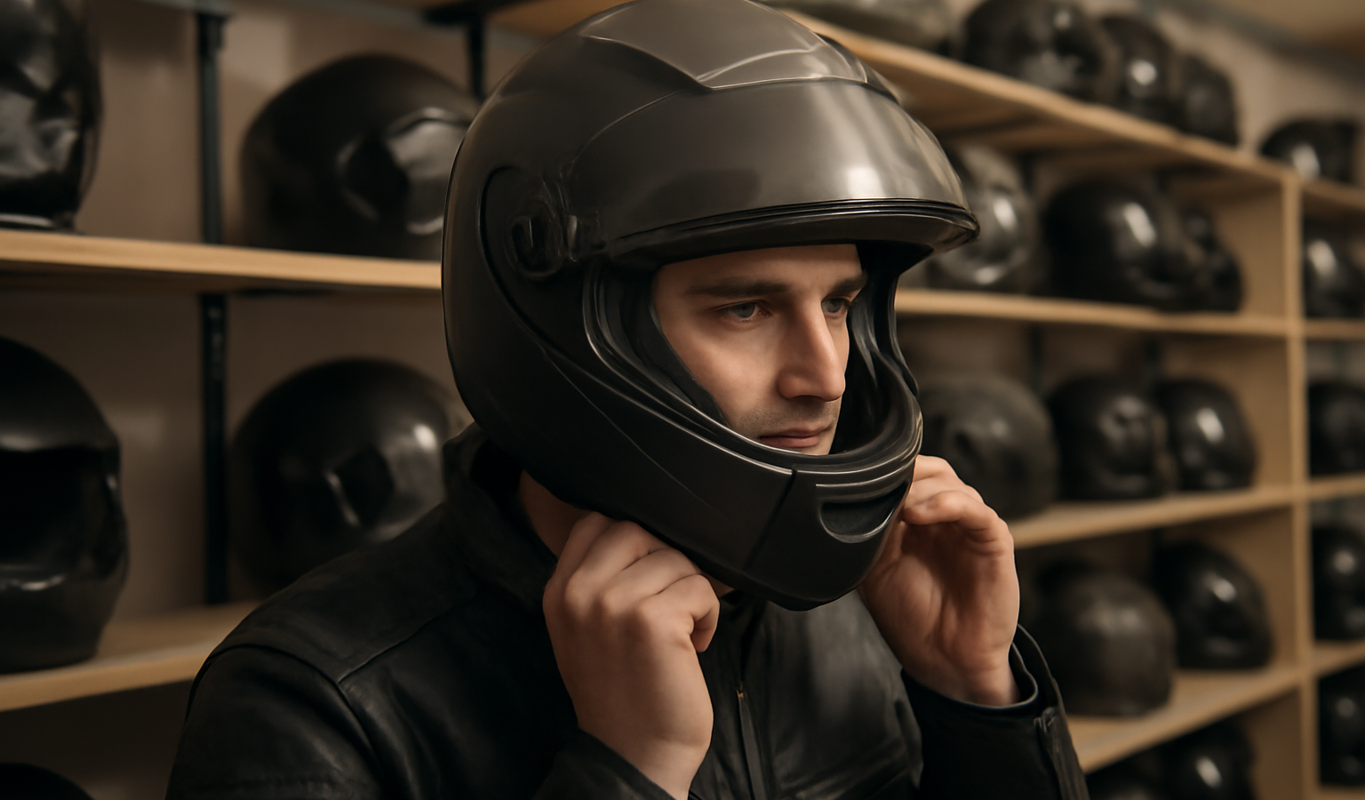 motard essayant un casque sur etagere