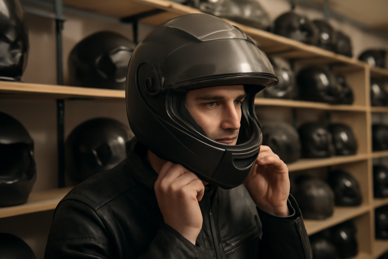 motard essayant un casque sur etagere
