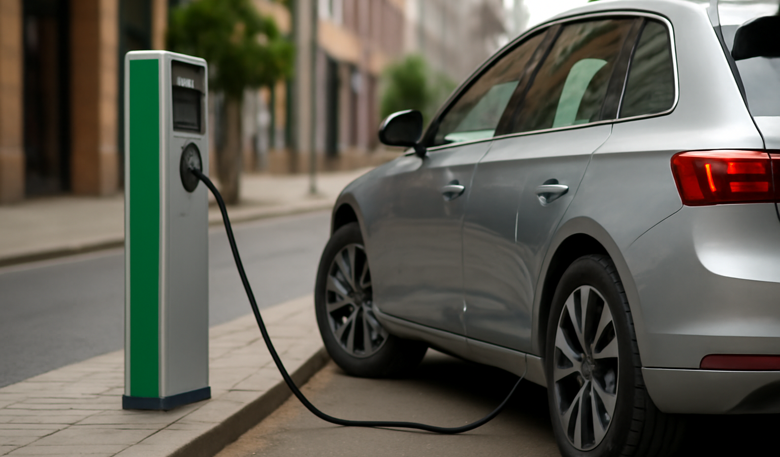 voiture branchée à une borne de recharge urbaine