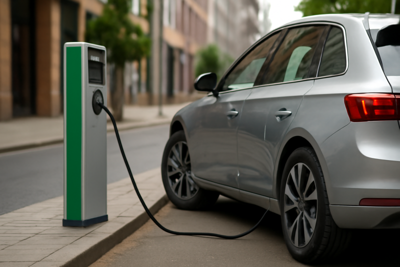 voiture branchée à une borne de recharge urbaine