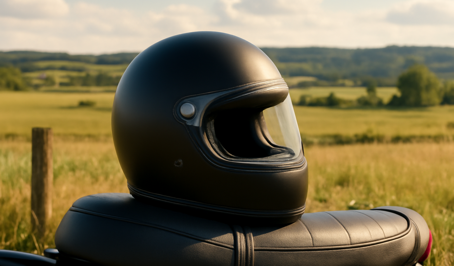 casque posé sur selle devant paysage rural