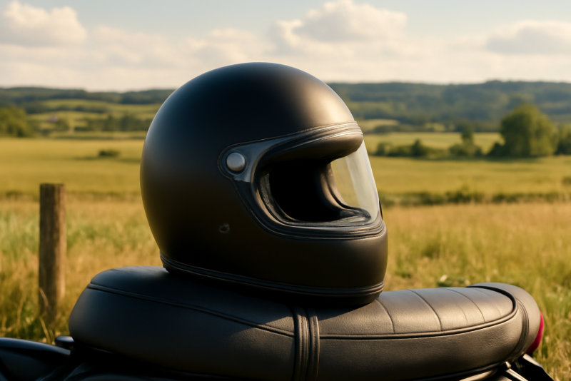 casque posé sur selle devant paysage rural
