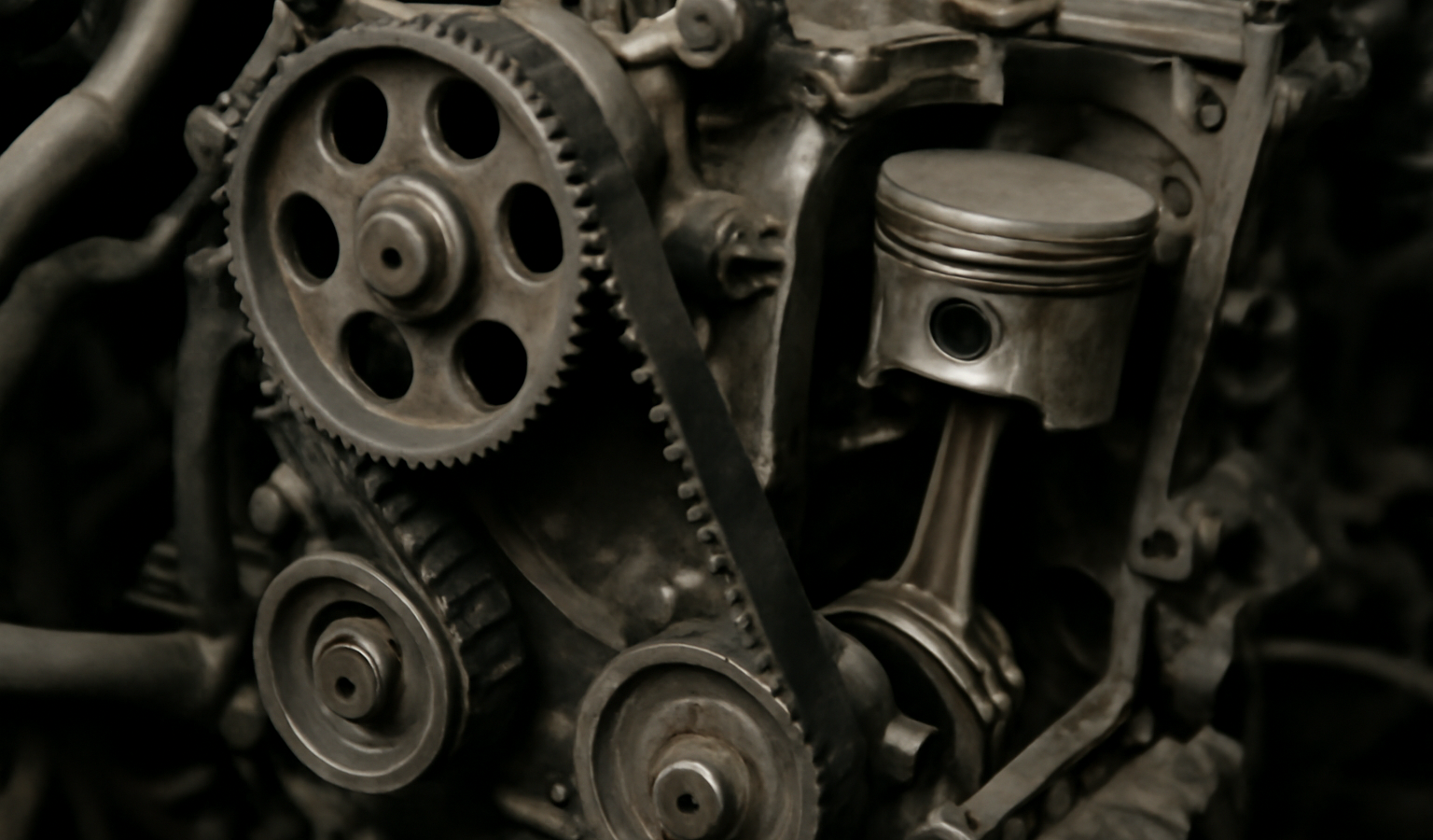 moteur ouvert montrant courroie et piston