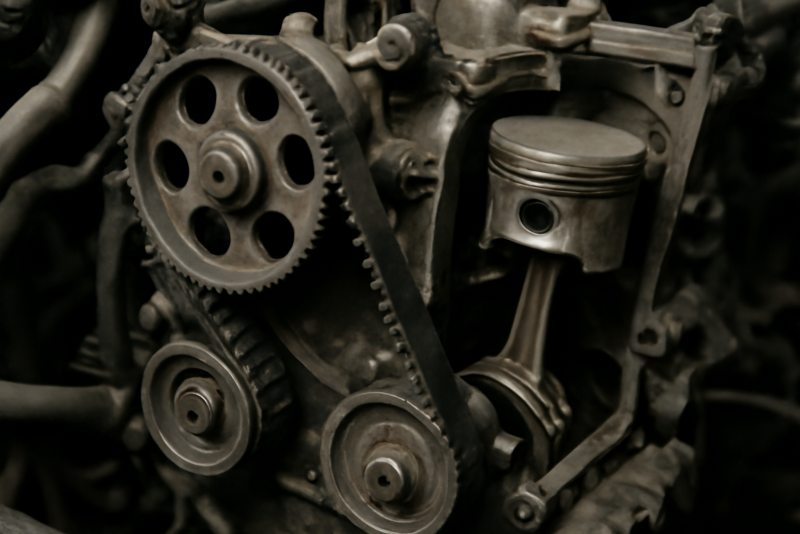 moteur ouvert montrant courroie et piston