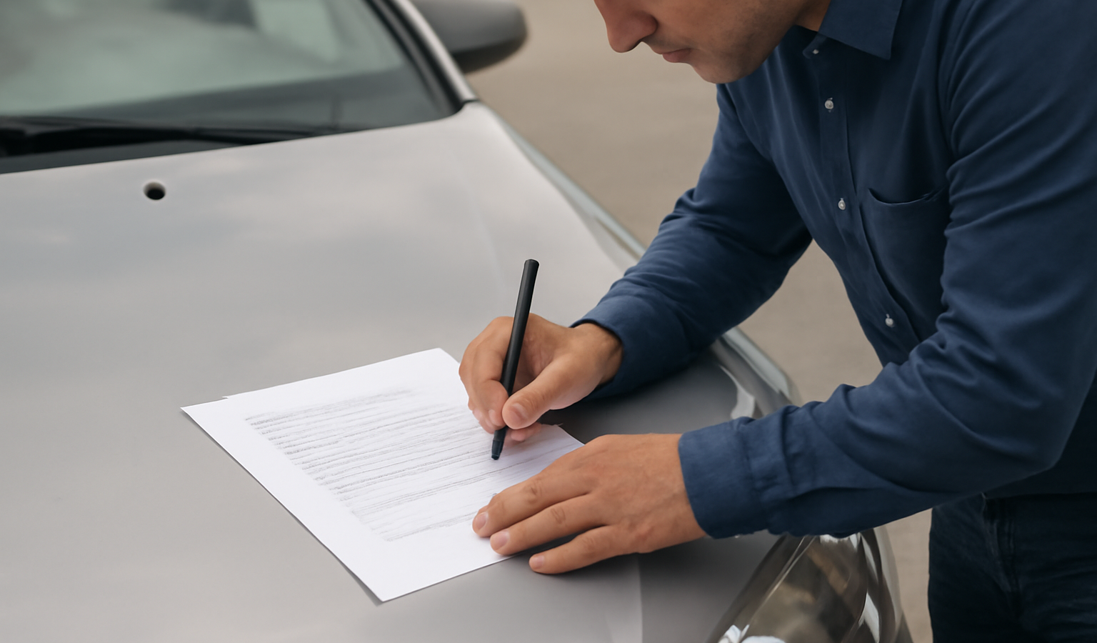personne signant des papiers devant vehicule