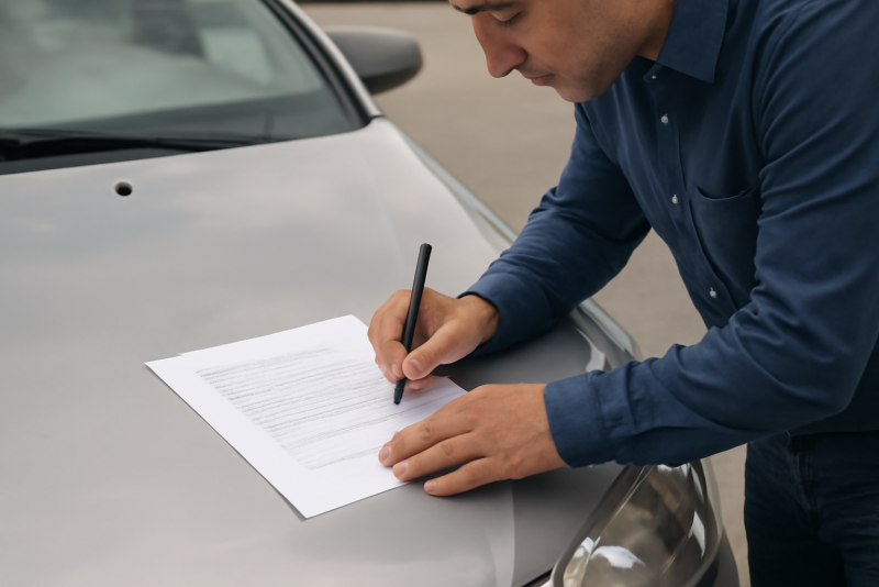 personne signant des papiers devant vehicule