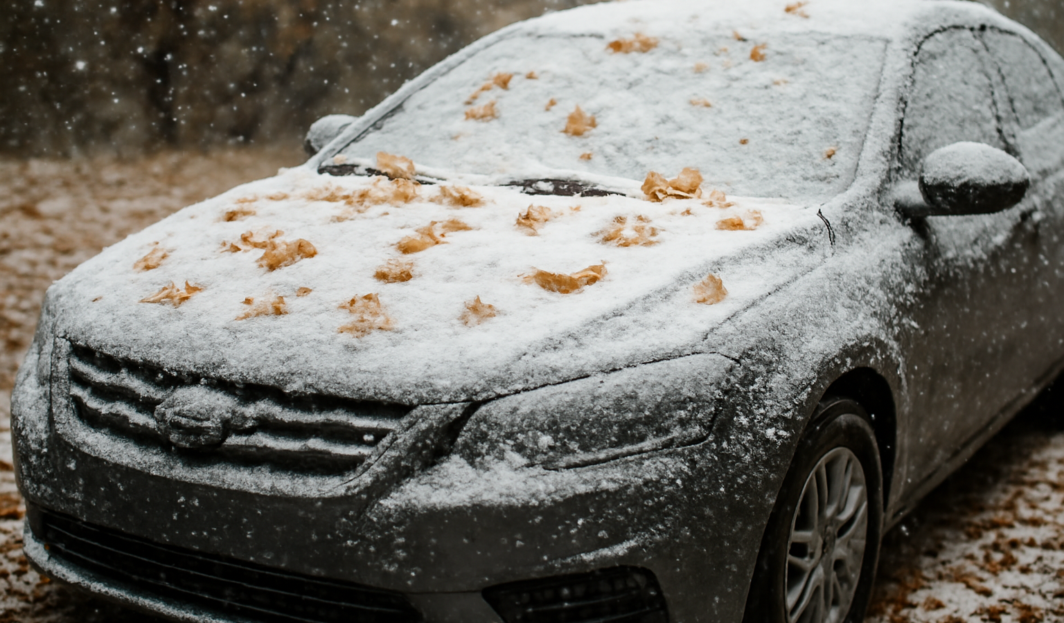 voiture hivernée entourée de feuilles et neige légère
