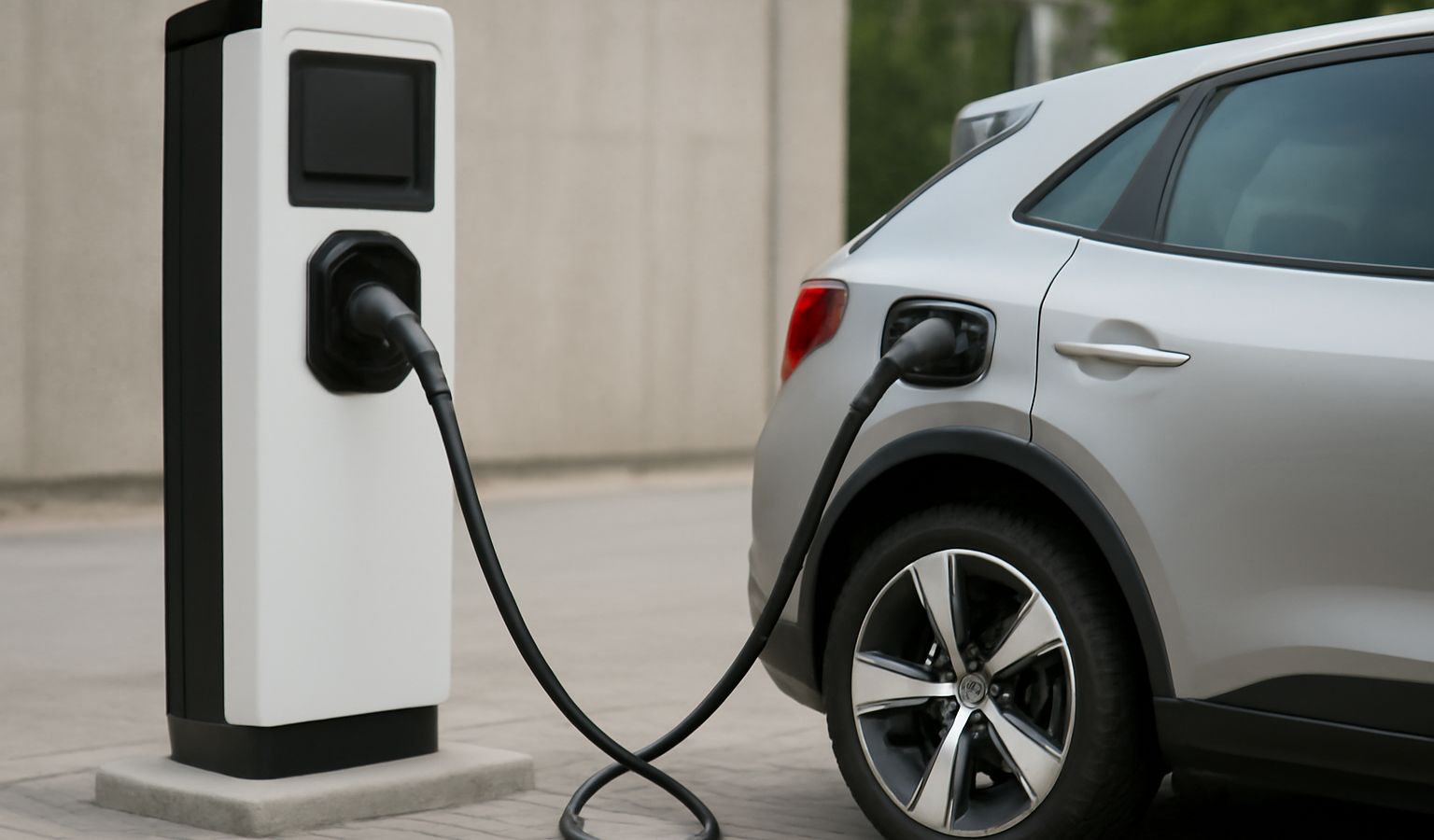vehicule electrique branché a borne de recharge