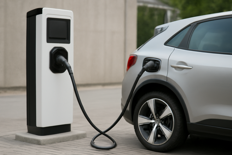 vehicule electrique branché a borne de recharge