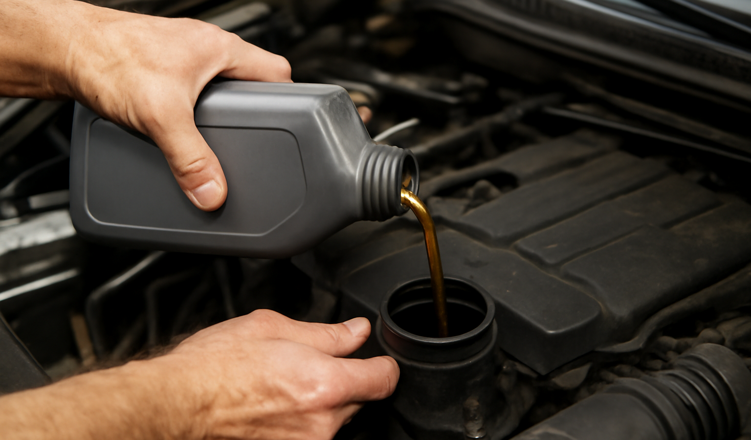 mains versant huile moteur dans compartiment