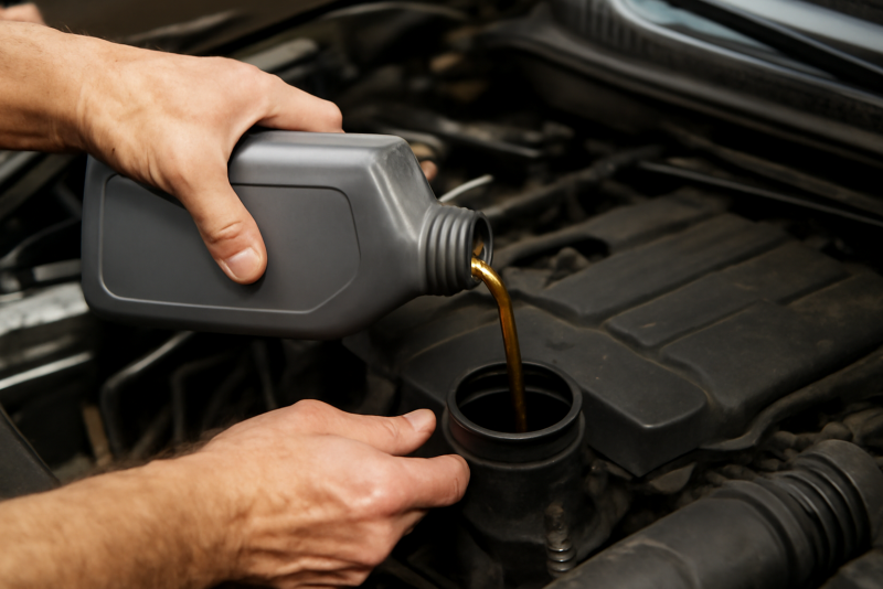 mains versant huile moteur dans compartiment