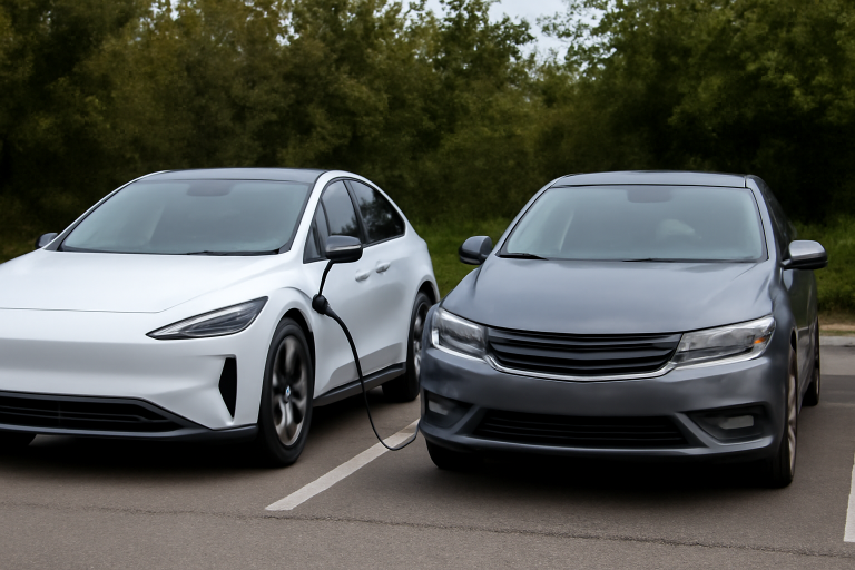 voiture électrique et hybride garées côte à côte