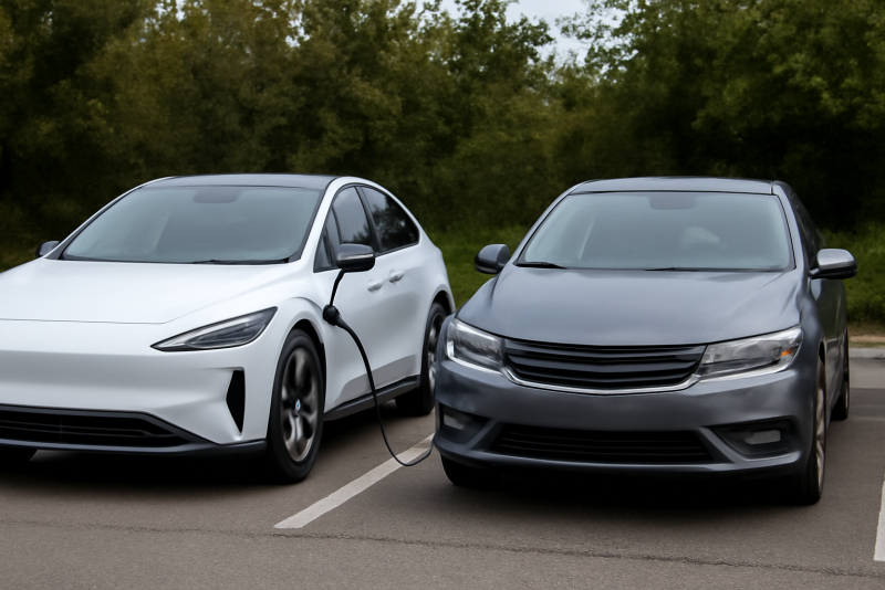 voiture électrique et hybride garées côte à côte