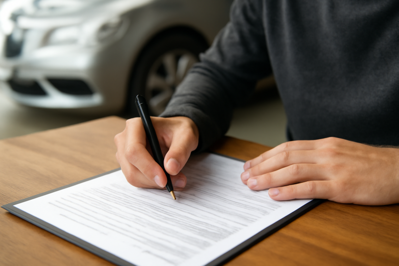personne remplissant papiers pour voiture