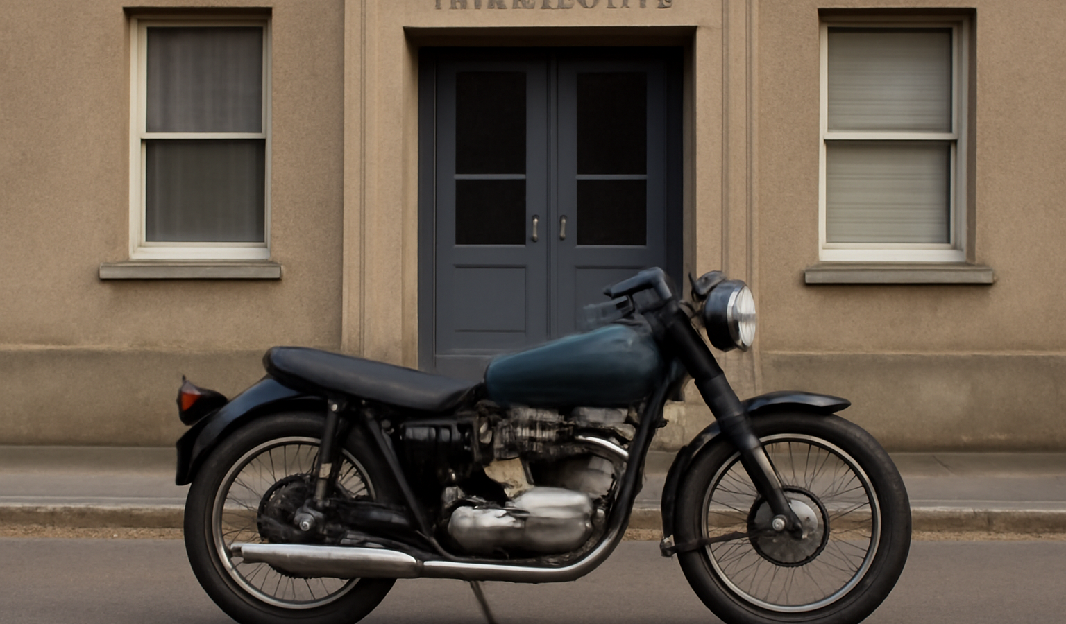 moto vintage posée devant bureau administratif