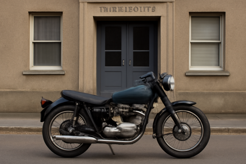 moto vintage posée devant bureau administratif