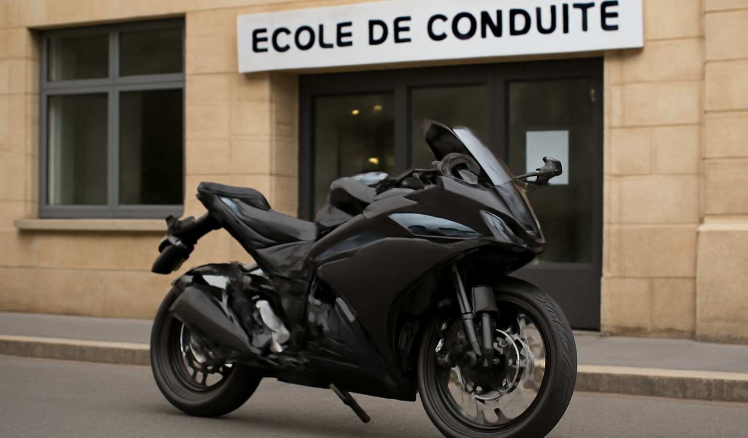 moto sportive stationnée devant école de conduite