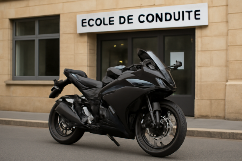 moto sportive stationnée devant école de conduite