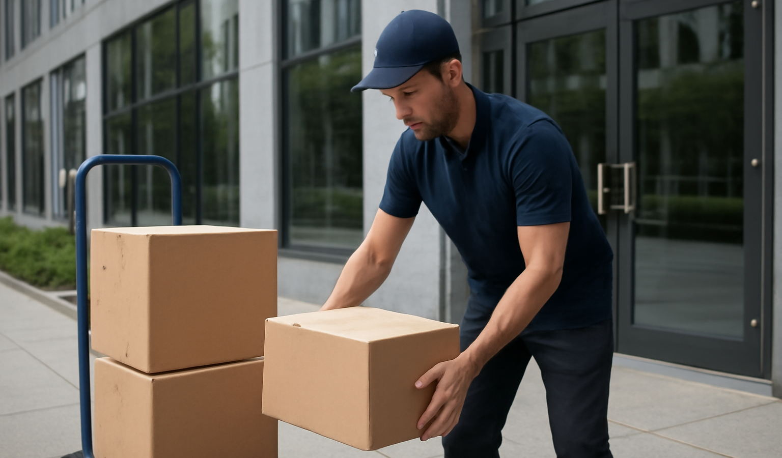 livreur déposant colis devant immeuble de bureaux