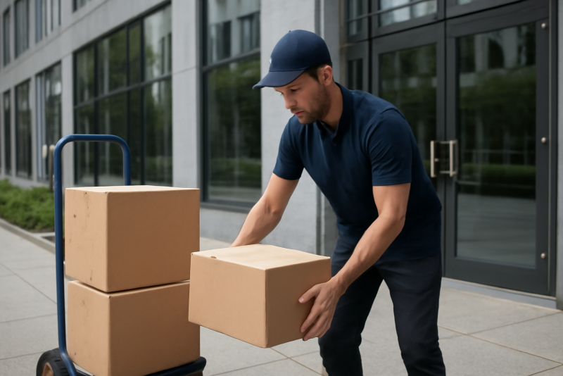 livreur déposant colis devant immeuble de bureaux