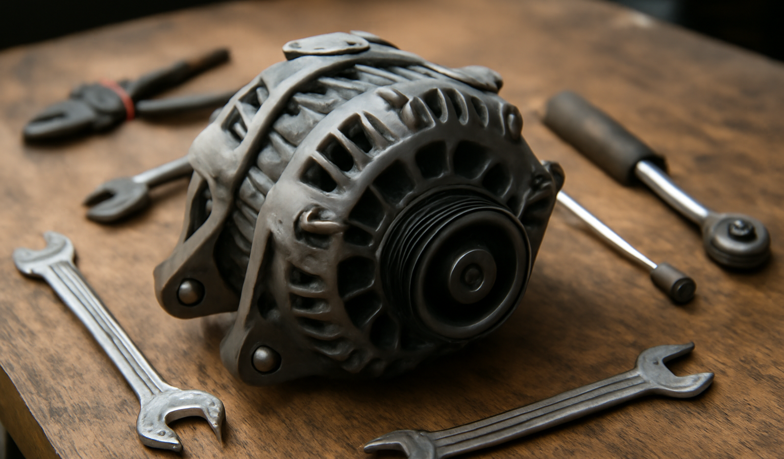alternateur posé sur établi avec outils