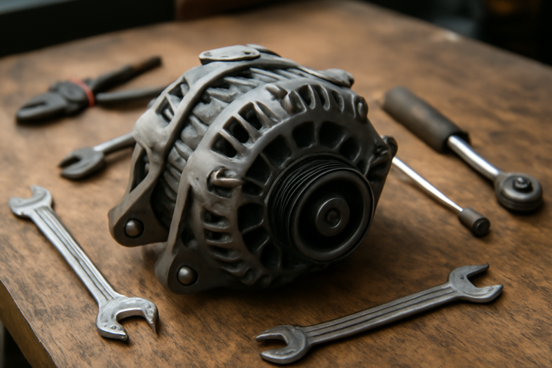alternateur posé sur établi avec outils