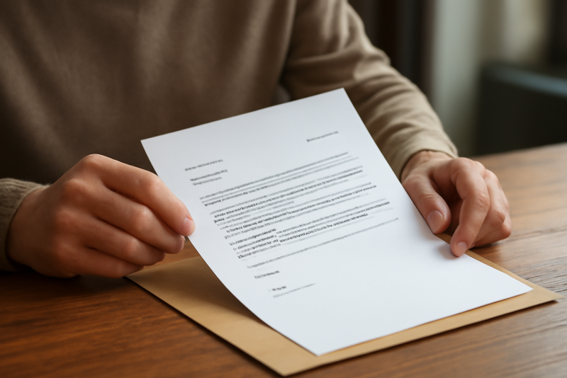 personne examinant un courrier administratif sur table