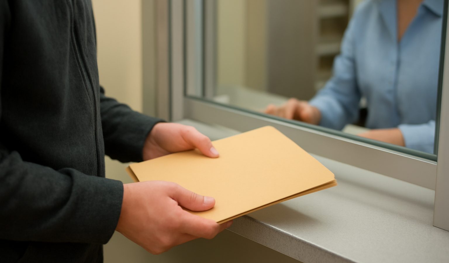 personne tenant dossier devant guichet administratif