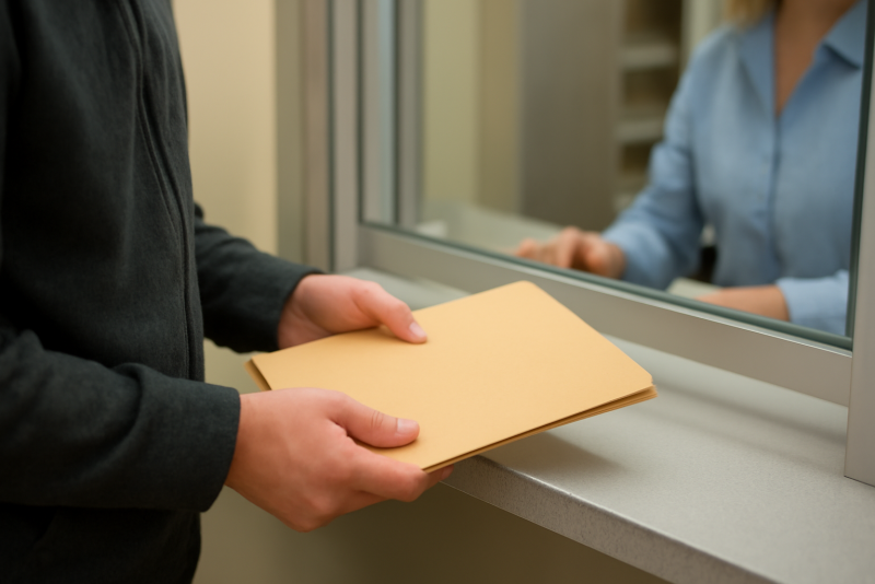 personne tenant dossier devant guichet administratif