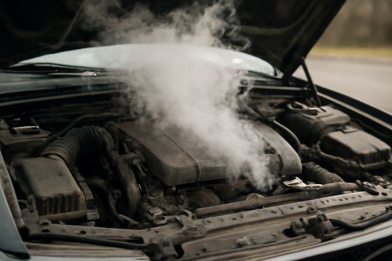 capot ouvert moteur avec vapeur