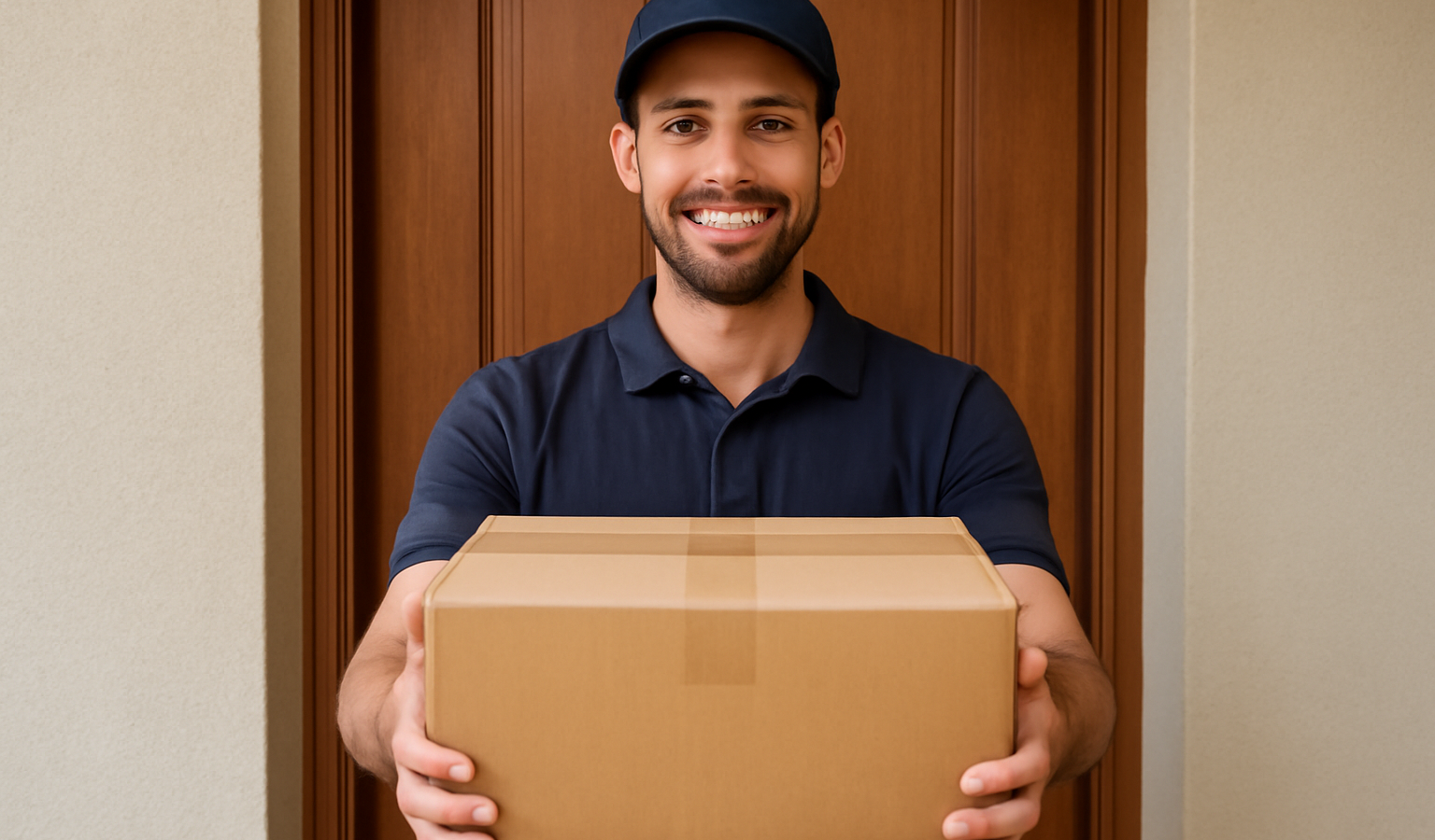livreur tenant un paquet devant porte