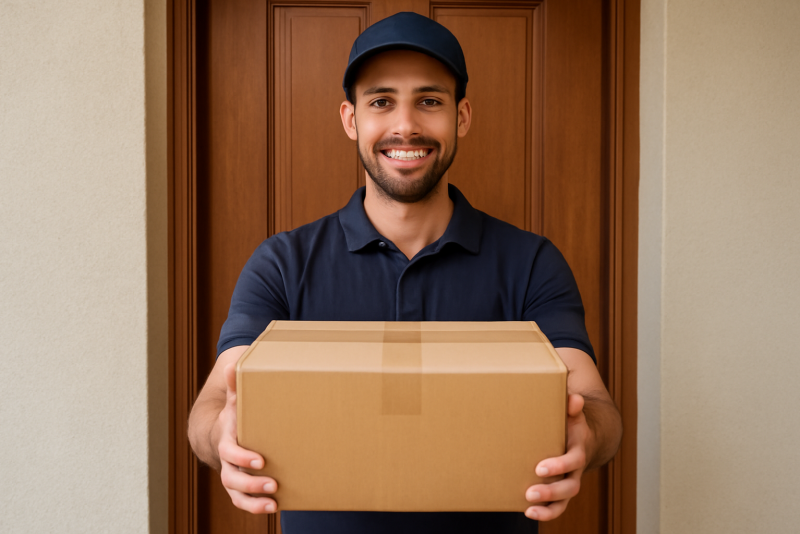 livreur tenant un paquet devant porte