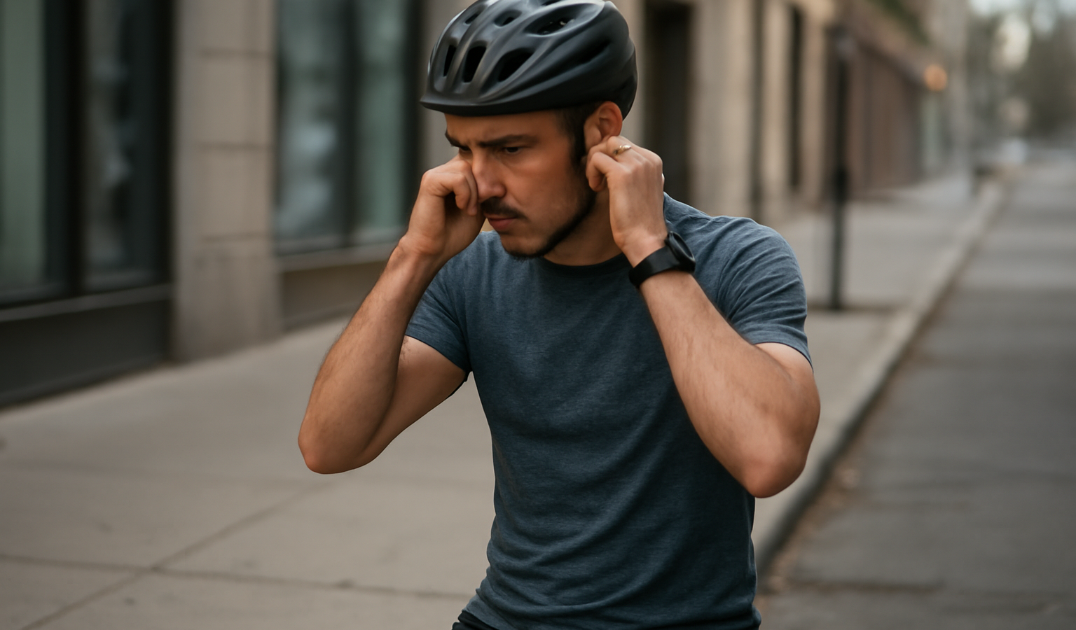 coureur ajustant son casque sur trottoir