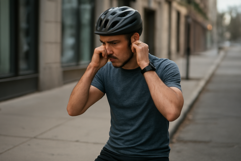 coureur ajustant son casque sur trottoir